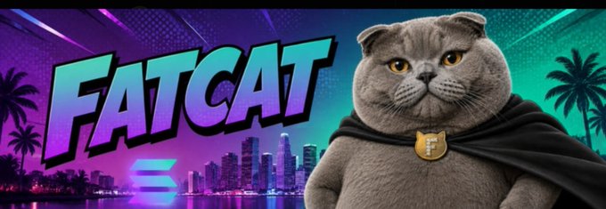 A promotional banner featuring a chubby gray cat wearing a cape with a gold "F" emblem, set against a neon city skyline with the stylized text "FATCAT".