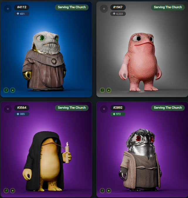 A 2x2 grid displays four unique, stylized 3D figurines, each labeled 'Serving The Church' with different item IDs and diamond counts, featuring characters with large heads in religious robes.