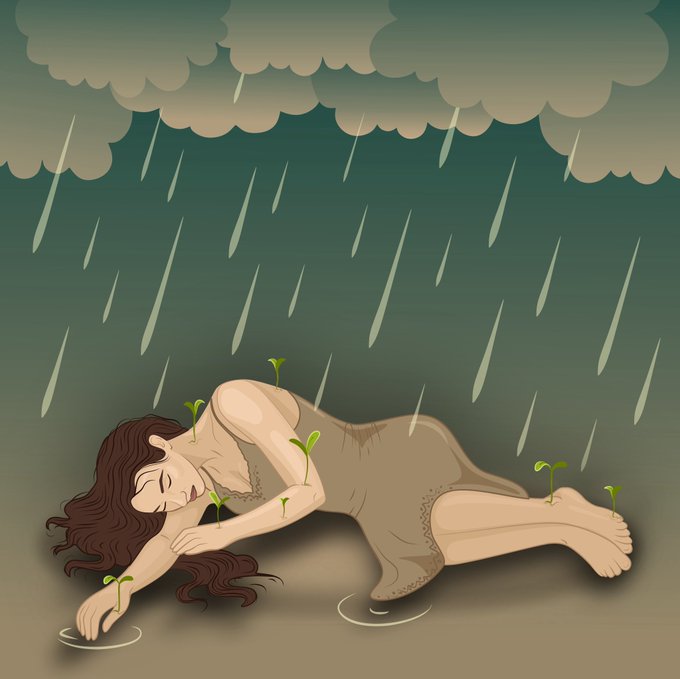 An illustration of a sleeping woman in a brown dress lying on the ground in the rain, with small green plants/sprouts growing from her body.