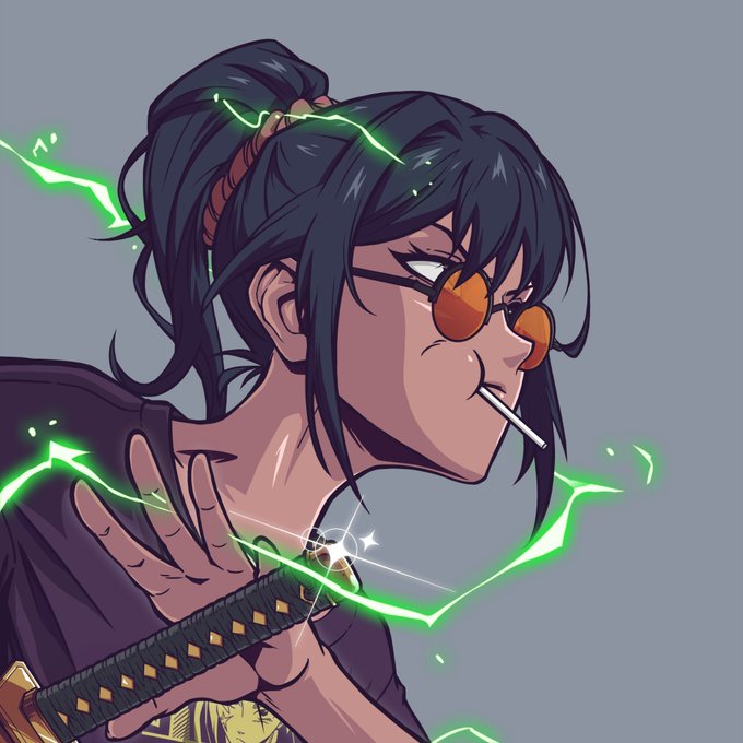 An anime-style illustration of a character with dark hair in a ponytail, orange-tinted sunglasses, and a cigarette in her mouth, with green energy crackling around her.