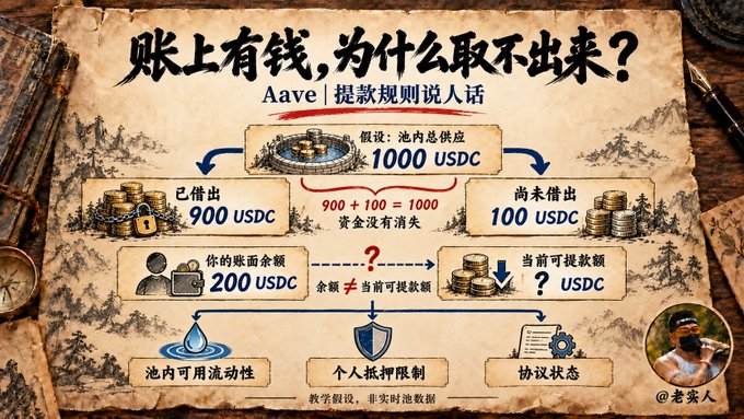 A Chinese-language infographic titled '账上有钱，为什么取不出来？Aave | 提款规则说人话' explains Aave lending mechanics with illustrations, showing a 1000 USDC pool split into 900 USDC already borrowed and 100 USDC available, with a user's 200 USDC balance contrasted against a '?' withdrawable amount due to pool liquidity, collateral limits, and protocol status.