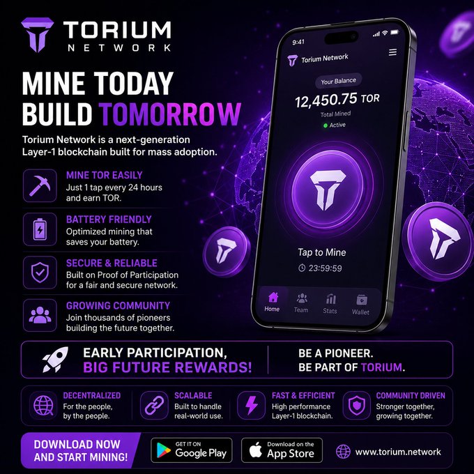 A promotional graphic for Torium Network features a smartphone displaying a balance of 12,450.75 TOR with a "Tap to Mine" interface, highlighting features like easy one-tap daily mining, battery-friendly operation, and Proof of Participation security. The ad invites users to download the app from Google Play or the App Store to join the growing Layer-1 blockchain community.