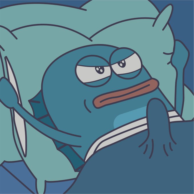 A cartoon illustration of a blue lizard-like character lying in bed with pillows, looking tired or bored while reading a book.