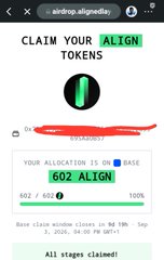 Screenshot of an airdrop claim page showing an allocation of '602 AL1GN' tokens on the Base network.