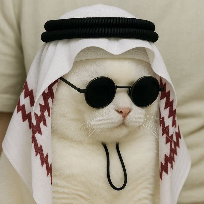 A white cat wearing a keffiyeh-style headscarf and round black sunglasses, sitting against a beige background.