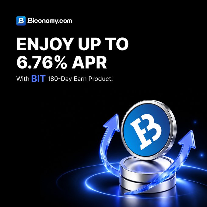 Advertisement for Biconomy.com promoting 'ENJOY UP TO 6.76% APR' with their BIT 180-Day Earn Product, featuring a Bitcoin-style coin logo with blue upward arrows.