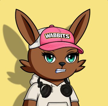 An illustration of a brown anthropomorphic rabbit character wearing a pink cap that says 'WABBITS', a white hoodie, and black headphones, with an annoyed expression.