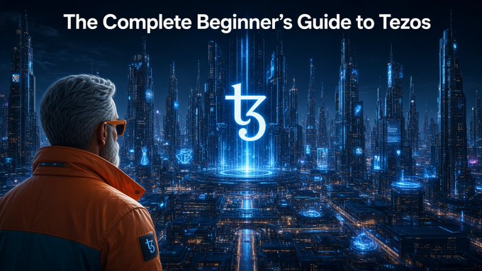 A promotional banner titled 'The Complete Beginner's Guide to Tezos' featuring a man with a white beard looking at a futuristic city with a glowing 'tz' Tezos logo.