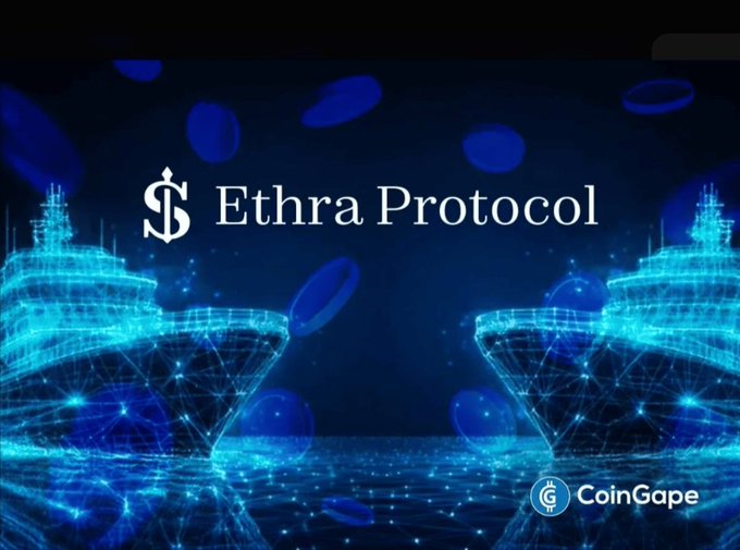 A promotional graphic for "$Ethra Protocol" featuring a digital wireframe of ships in blue neon style, with a "CoinGape" logo in the bottom right corner.