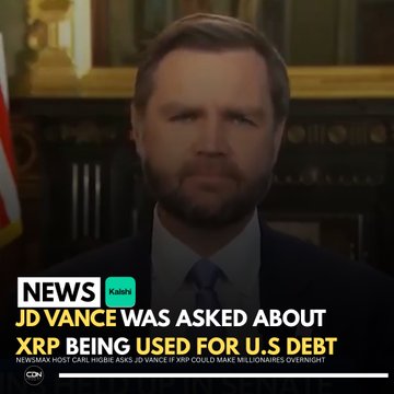 A CNN news screenshot shows JD Vance with text 'JD VANCE WAS ASKED ABOUT XRP BEING USED FOR U.S. DEBIT' and 'NEWS' and 'Kalshi' labels.