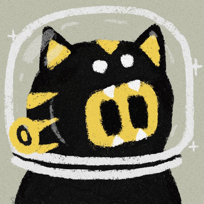 A stylized, textured illustration of a black cat with large yellow eyes wearing a clear astronaut helmet.