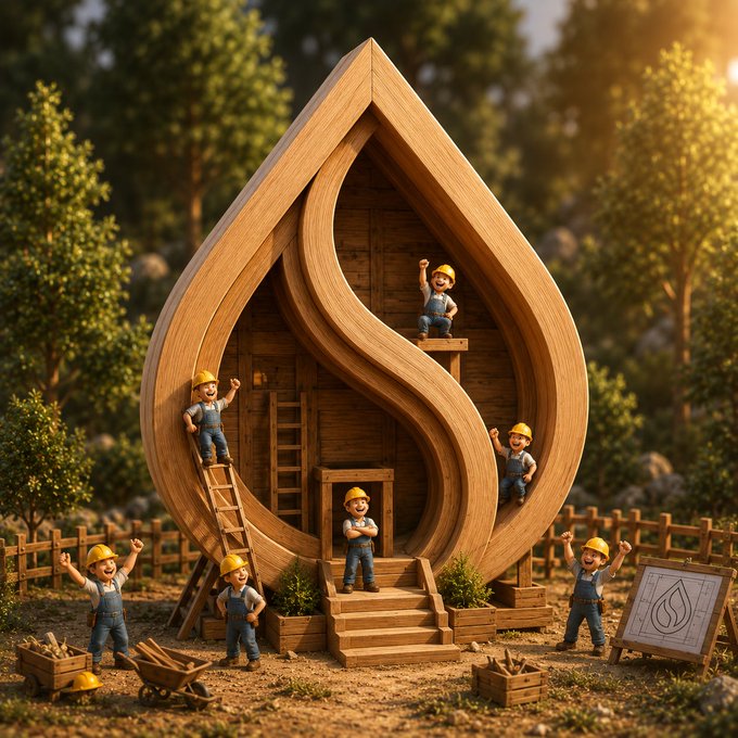 A whimsical wooden building shaped like a water droplet, surrounded by small figurines of construction workers in hard hats and overalls, with blueprints and tools scattered in a forest setting.