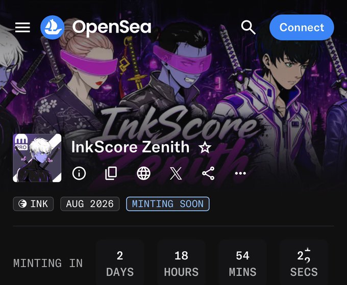 An OpenSea NFT page for 'InkScore Zenith' shows anime characters with a countdown timer of 2 days, 18 hours, 54 minutes, 2 seconds until minting.