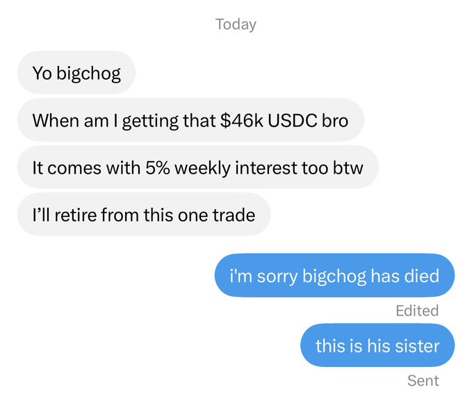 A text message exchange where someone demands "$46k USDC" with "5% weekly interest," only to receive the cold reply "i'm sorry bigchog has died, this is his sister." The meme highlights the post's theme of chasing a massive payout that collapses into brutal loss.