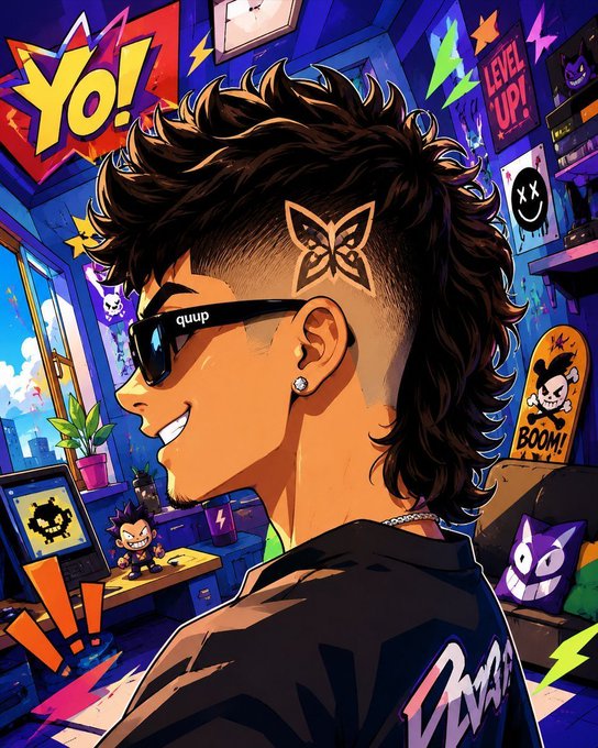 A vibrant digital illustration of a young man with a mullet hairstyle, sunglasses, and a butterfly tattoo in a colorful room with 'Yo!' and 'LEVEL UP!' graphics.