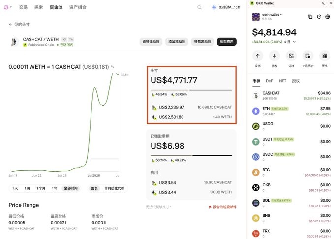 The image displays a trading interface for the CASHCAT/WETH pair on the Robinhood Chain, prominently highlighting a value of US$4,771.77 in a red box, which corresponds to the user's claim that their position has appreciated to around $4771.