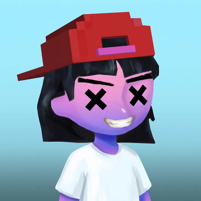 A 3D rendered avatar of a character with purple skin, a red cap, a white t-shirt, and distinctive 'X' marks in place of eyes, smiling against a light blue gradient background.