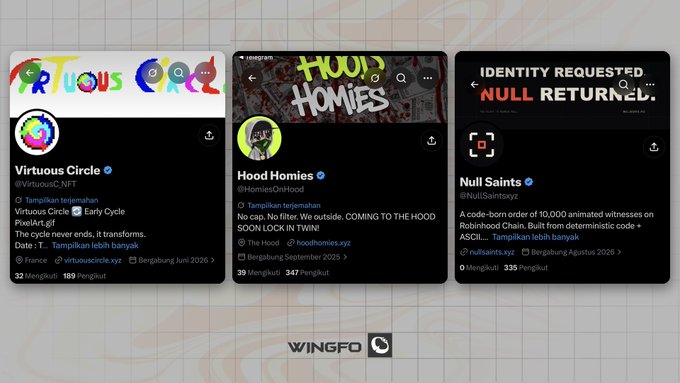 Three Twitter profile cards displayed on a marble-textured background showcase NFT collections: "Virtuous Circle" (@VirtuousC_NFT) with 32 followers, "Hood Homies" (@HomiesOnHood) with 39 followers, and "Null Saints" (@NullSaintsXYZ) with 0 followers, each corresponding to the post's descriptions of pixel art, hood-themed, and ASCII-built collections respectively. The "WINGFO" logo appears at the bottom, branding the curated showcase.