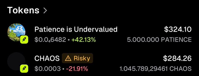 A crypto tokens list showing 'Patience is Undervalued' up 42.13% at $324.10 and 'CHAOS' marked Risky, down 21.91% at $284.26.