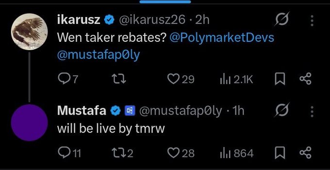 The image features a Twitter post with a caption that reads, "Today @Polymarket taker rebates program is going to be live and honestly I think it will add a very good utility to $POLY if the right picture utility be done". The post includes a link to the original tweet where the hashtag #MUSTAFAPOLY is used.