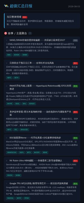 The image is a Chinese-language crypto news daily digest dated 2026-08-03, featuring headlines and key tags about major market events including NAND/DRAM/Q4 storage price wars, Japanese yen intervention, RMB/RWA market cap rankings, SpaceX/ManmCoin meme coins, NV Rubin Ultra HBM3E, and Google TPU chip shifts across tickers like MU, RMBS, HBM, XRP, HUDI, BABA, SOSO, NVDA, AMD, and $SOSO. It aligns with the post's bearish sentiment summary by grouping multiple risk-off narratives (deleveraging, oil pressure, Korean stock declines, storage weakness) that collectively explain the day's weakened overall risk appetite.