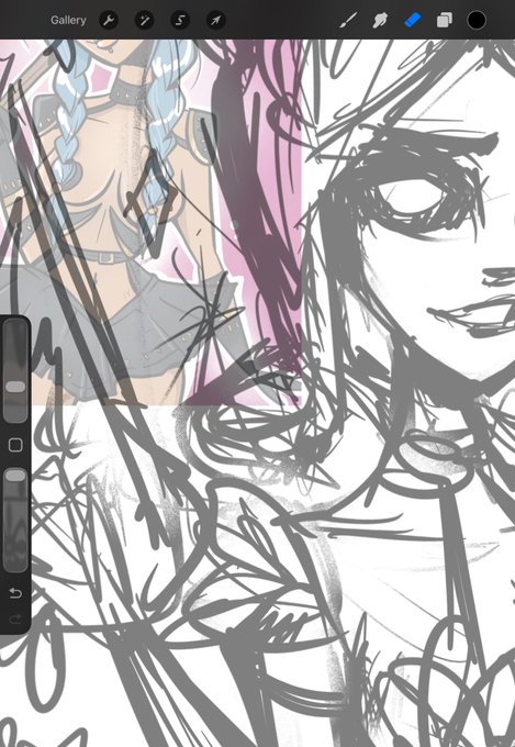 A screenshot of a digital art application showing an in-progress sketch in black and white line work, with an anime character reference image visible in the upper left corner.