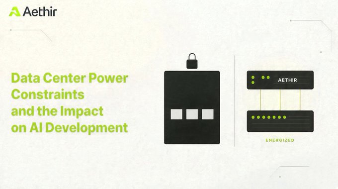 A graphic from 'Aethir' titled 'Data Center Power Constraints and the Impact on AI Development', showing a server rack with a lock icon and an 'AETHIR' server unit labeled 'ENERGIZED'.