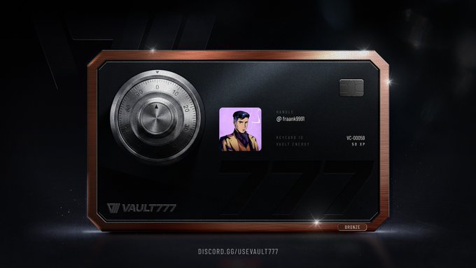 A sleek Vault777 Bronze Keycard featuring a metallic safe-dial design, a profile avatar, and the handle "@frankl999" with "VC-00050" and "50 XP" displayed, showcasing the user's newly unlocked Bronze tier as referenced in the accompanying post.