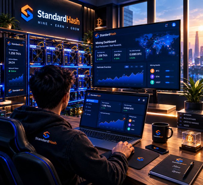 A person sits at a desk viewing cryptocurrency mining statistics on multiple monitors and a laptop, all branded 'StandardHash' with the tagline 'Mine • Earn • Grow,' showing hash rates and BTC, ETH, and USDT mining assets.