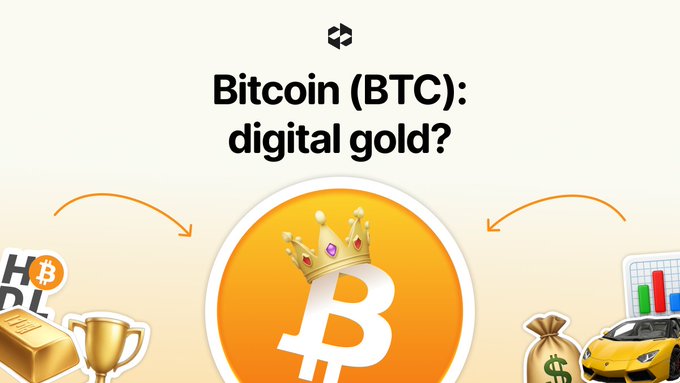 The image features a Bitcoin logo with a crown, surrounded by icons representing gold bars, a money bag, and a Lamborghini, under the headline "Bitcoin (BTC): digital gold?"—visually reinforcing the post's question about whether Bitcoin's value and security truly rival those of physical gold.