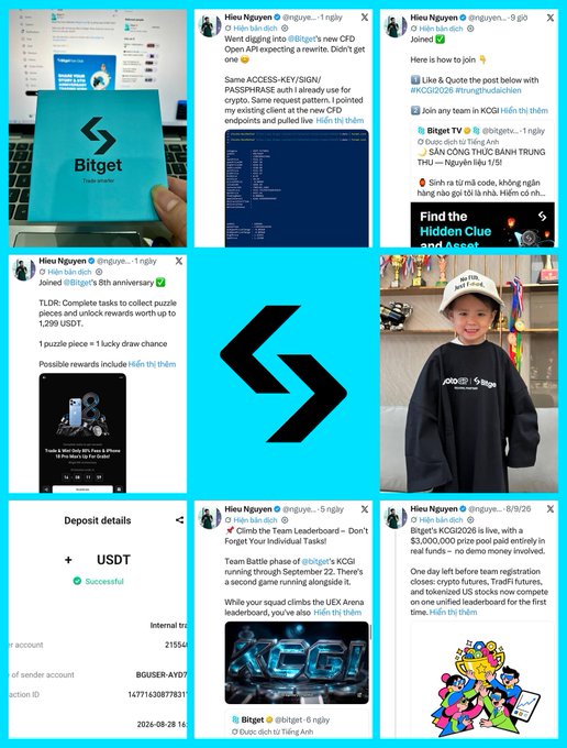 A collage of multiple tweets from @Bitget and @Hieu Nguyen (@hieuye...) related to Bitget Vietnamese community activities, giveaways, and team Battle Pass rewards.