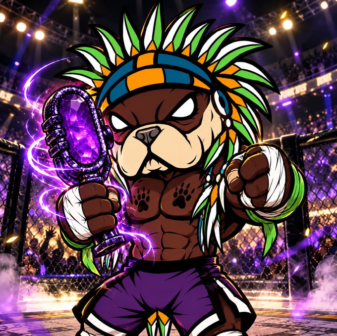 A vibrant digital illustration of a fierce cartoon bulldog fighter wearing a colorful feathered headdress, hand wraps, and purple shorts, holding a glowing purple crystalline weapon in an arena.