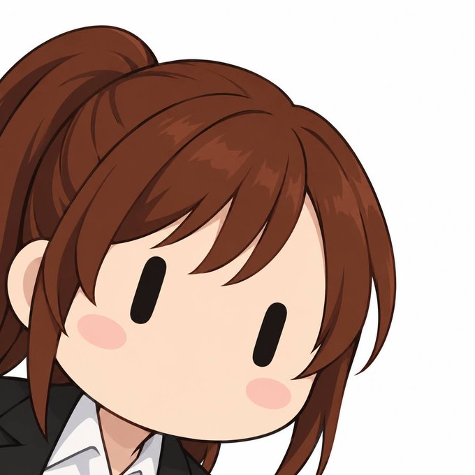 A cartoon chibi-style illustration of a girl with brown hair tied in a ponytail, wearing a dark jacket over a white collared shirt, depicted with simple oval eyes and pink cheeks.