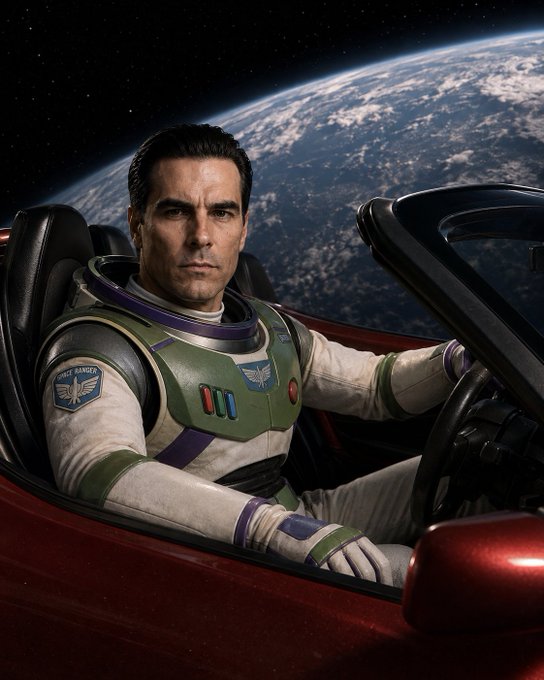 A man dressed as Buzz Lightyear sits in a red convertible with Earth visible in the background, parodying a space scene.