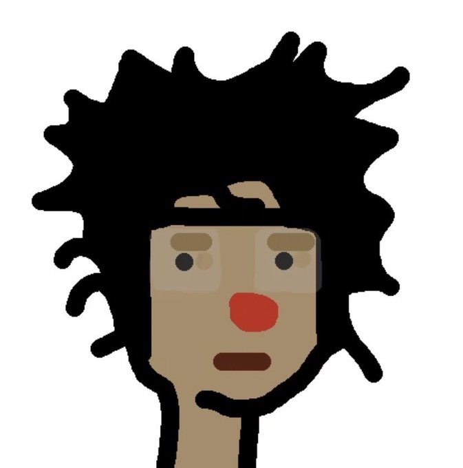 Simple digital drawing of a person with dark skin, messy black hair, glasses, red nose, and a neutral expression on a white background.