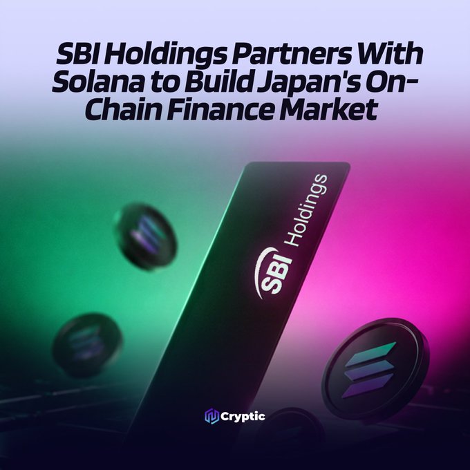 The image features a promotional graphic with the headline "SBI Holdings Partners With Solana to Build Japan's On-Chain Finance Market," showing the SBI Holdings logo alongside a Solana token, set against a vibrant green and pink gradient background. The "Cryptic" branding appears at the bottom, visually representing the partnership between SBI Holdings and the Solana Foundation to develop yen-pegged stablecoins and tokenized RWAs in Japan.
