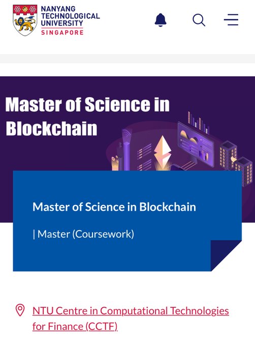 A promotional graphic from Nanyang Technological University (NTU) Singapore showcasing their "Master of Science in Blockchain" program, offered as a Master (Coursework) at the NTU Centre in Computational Technologies for Finance (CCTF), featuring an Ethereum logo and futuristic data visualization elements. The image supports the post's message about NTU offering a world-class blockchain degree program in Singapore.