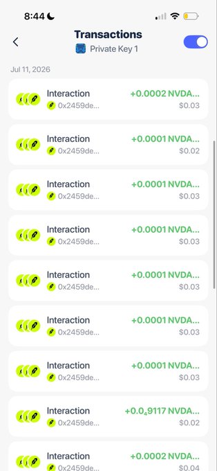 The image shows a crypto wallet transaction history with multiple tiny "Interaction" entries earning fractions of NVDA (Nvidia) tokens worth only $0.02-$0.04 each, illustrating the post's point that these micro-rewards aren't genuine stock dividends but rather fees from the $INDEX token being recycled back to users as worthless token dust.