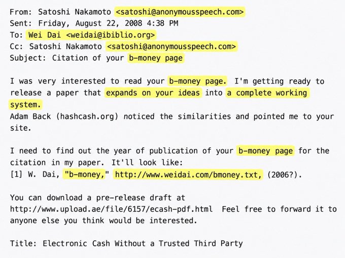 An email from Satoshi Nakamoto to Wei Dai dated August 22, 2008, informing Dai that he is preparing to release a paper called "Electronic Cash Without a Trusted Third Party" that "expands on your ideas into a complete working system," while requesting the publication year of Dai's b-money page for citation. This relates to the "B stands for b-money first" note because the email confirms that Wei Dai's b-money proposal directly inspired Bitcoin's architecture before any other influence.