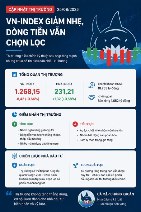 The image is a Vietnamese stock market update dated 25/08/2025 showing the VN-Index declined slightly to 1,268.15 (-8.42 / -0.66%) while the HNX-Index rose to 231.21 (+1.32 / +0.58%), with HOSE liquidity at 18,755 billion VND and net foreign selling of 1,052 billion VND, under the headline "VN-INDEX GIẢM NHẸ, DÒNG TIỀN VẪN CHỌN LỌC" (VN-Index slightly down, money flow remains selective). 

The post about Bitcoin's sideways action being absorbed by long-term buyers relates to the image's "DIỄM NHẤN THỊ TRƯNG" highlights, which note that despite the market correction, blue chips and midcaps continue to see strong buying interest and capital absorption—mirroring the