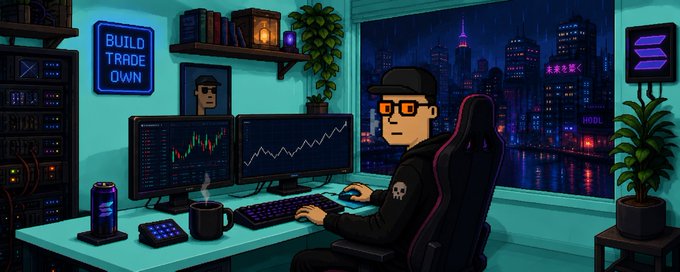 A digital illustration of a pixel-art trader sitting at a desk with dual monitors showing stock charts, with a neon sign reading 'BUILD TRADE OWN' and a stylized cityscape visible through the window behind him.