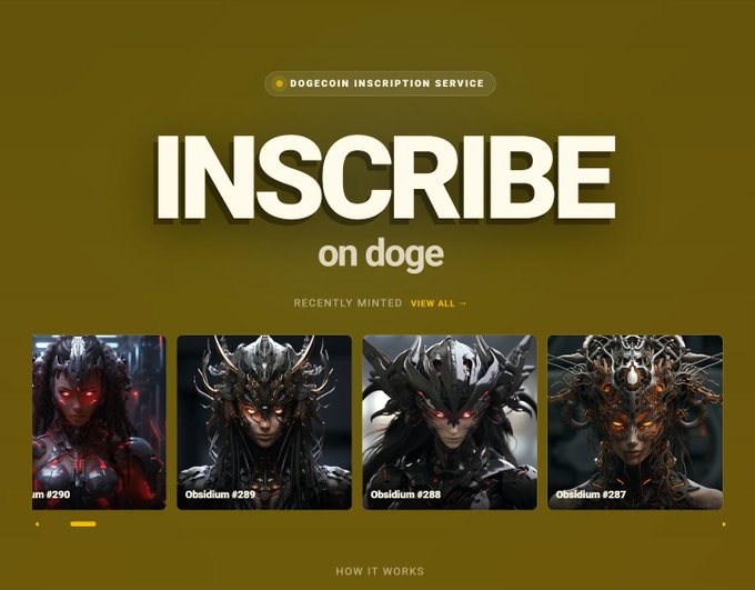 A website interface for a 'DOGECOIN INSCRIPTION SERVICE' featuring the large text 'INSCRIBE on doge' above a 'RECENTLY MINTED' gallery of dark, fantasy-themed character portraits labeled 'Obsidium'.