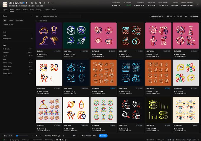 A screenshot of the 'GLFs by Efdol' NFT collection marketplace showing various grid items with prices in ETH, including 'GLIF #959', 'GLIF #890', and 'GLIF #1000'.