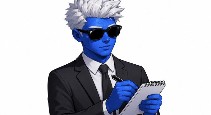 An anime drawing of a blue-skinned young man with spiky white hair, wearing a black suit, tie, and sunglasses, writing in a notepad with a pen