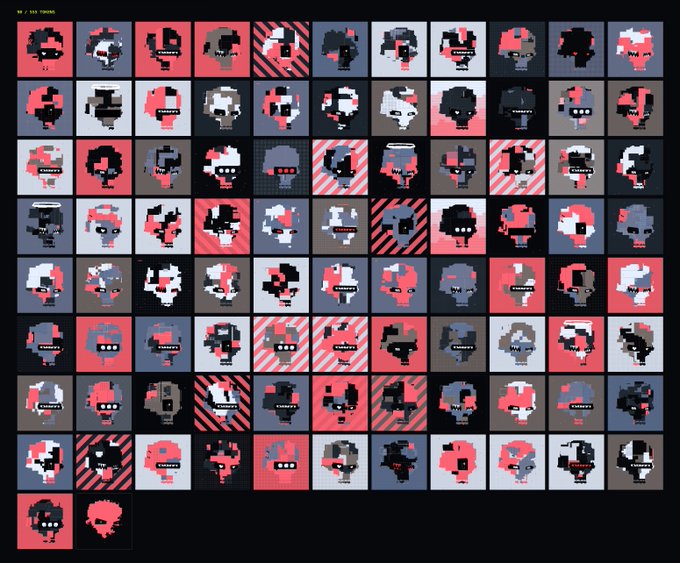 A grid display of pixel art NFT characters from the RH MACHINES collection, featuring various stylized robotic figures in red, gray, and black tones.