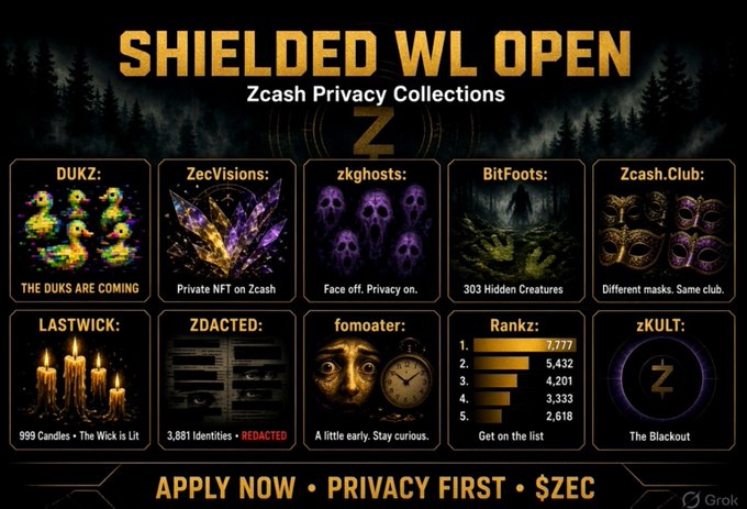 A promotional banner titled "SHIELDED WL OPEN – Zcash Privacy Collections" showcasing 10 featured NFT projects (DUKZ, ZecVisions, zkghosts, BitFoots, Zcash.Club, Lastwick, ZDacted, fomoater, Rankz, and zKULT) with descriptions like "3,881 Identities" and "303 Hidden Creatures," with a call-to-action at the bottom reading "APPLY NOW • PRIVACY FIRST • $ZEC."

The image serves as a visual companion to the post, which announces an ongoing whitelist opportunity for Zcash and Robinhood-related NFT projects, highlighting specific entries like ZDacted (3,881 supply) and BitFoots (303 unique creatures) among the featured collections.