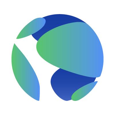 Abstract logo featuring overlapping curved shapes in blue and green gradient colors on a white background.