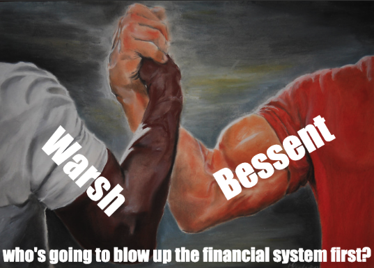 A painting-style meme showing two muscular arms arm-wrestling, labeled 'Warsh' and 'Bessent,' with caption 'who's going to blow up the financial system first?'