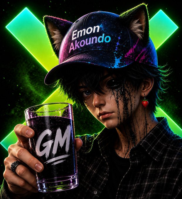 An anime-style character with cat ears wearing a galaxy-patterned cap reading 'Emon Akoundo', holding a glass marked 'GM' against a neon green X background.