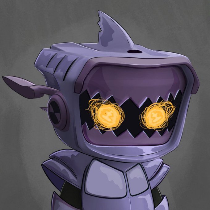 A stylized cartoon robot or mech character with a shark-fin helmet design and glowing yellow eyes featuring Bitcoin 'B' logos.